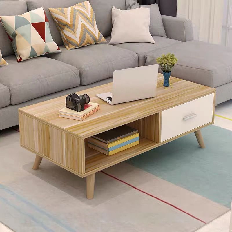 Contemporary Cocktail Table 4 Legs Wood with Drawer Rectangular Single Coffee Table