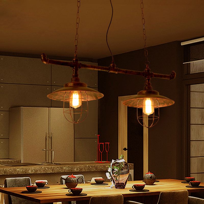 2 lichten draadbeschermer hangend licht met pijpontwerpmagazijn verweerd koperen ijzeren eilandverlichting
