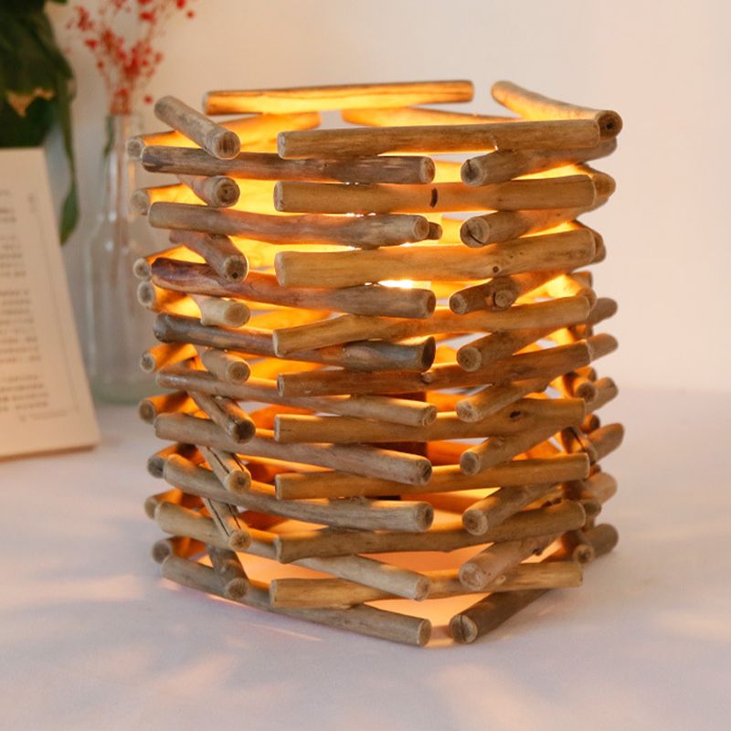 Lampada da scrivania piccola cilindrica in legno Asia con 1 lampadina, illuminazione da lavoro marrone per camera da letto, larghezza 8"/10".