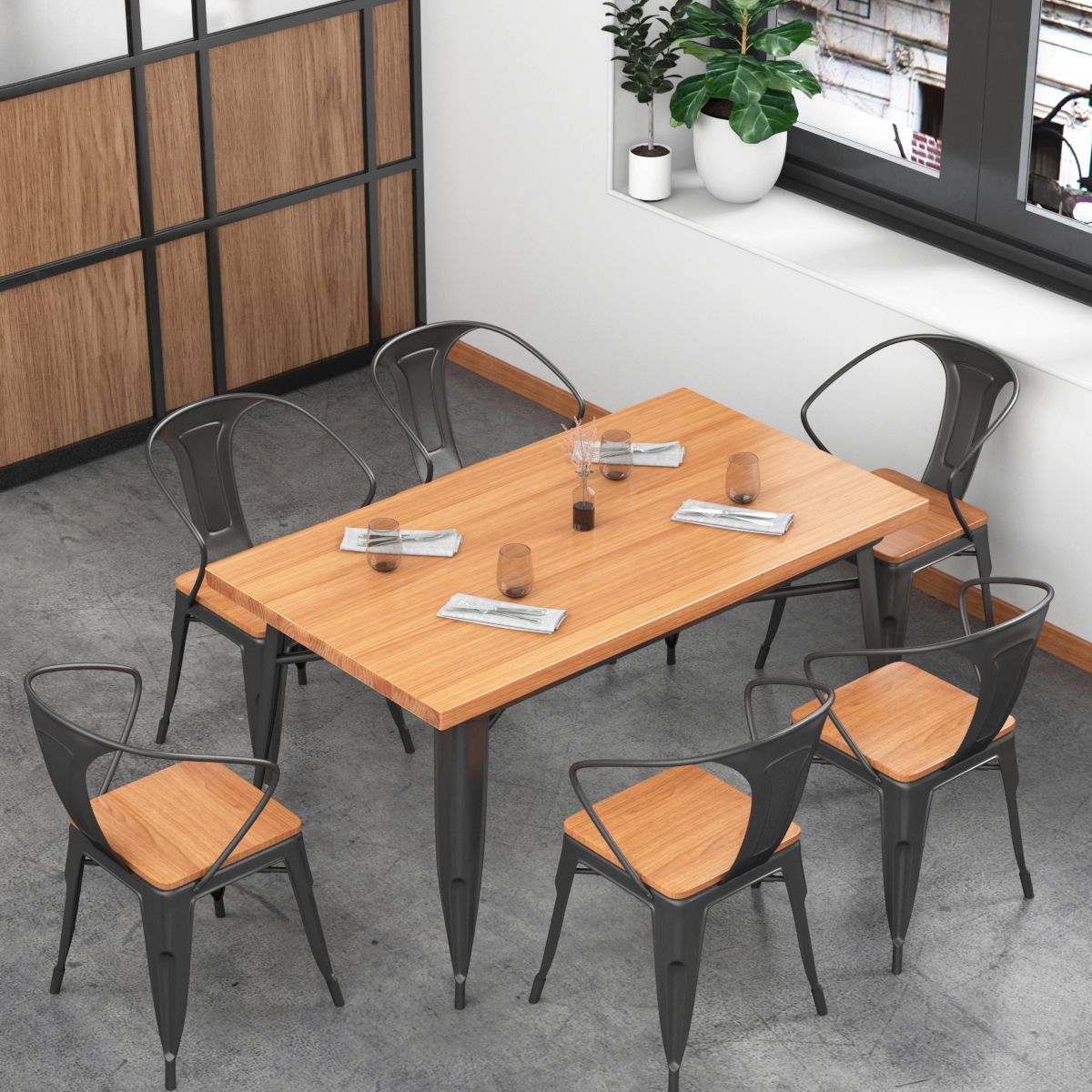 Mesa de comedor de madera sólida Mesa de comedor industrial de 4 patas con base de metal
