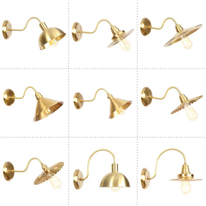 Brass Gooseneck/Swoop Arm Wall Lighting Retro Metallic 1-Light Bedside Wall Reading Lamp with Dome/Flat/Scalloped Shade