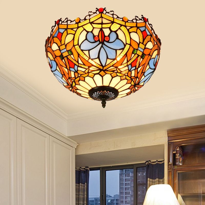 Hand Cut Glass Blue Ceiling Mount Scalloped 2/3 Lights Baroque Flush Mount Ceiling Light, 12"/16" Width