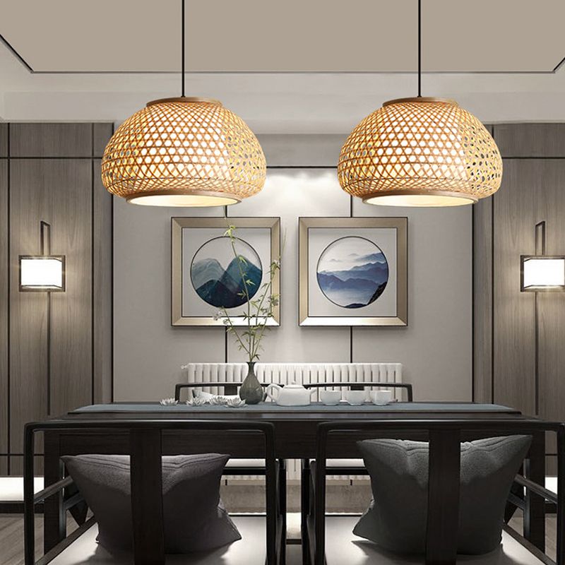 Asian 1-Light Drop Lamp Beige Lantern Bamboo Pendant Light for Tea Room