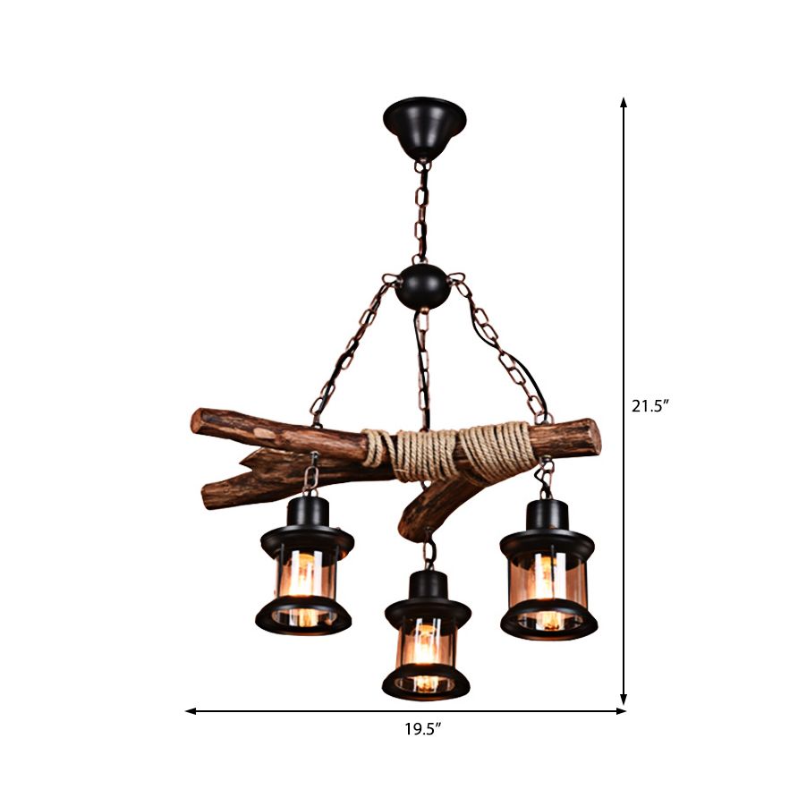 3 lumières Plafonnier Light Style Coastal Lantern Verre transparent en verre suspendu en noir avec chaîne et bois