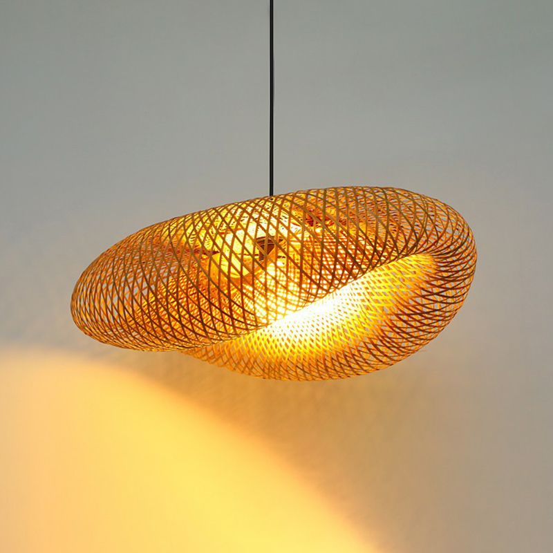 Hand-Worked Hanging Ceiling Light Novelty Modern Bamboo 1 Bulb Beige Pendant Lamp