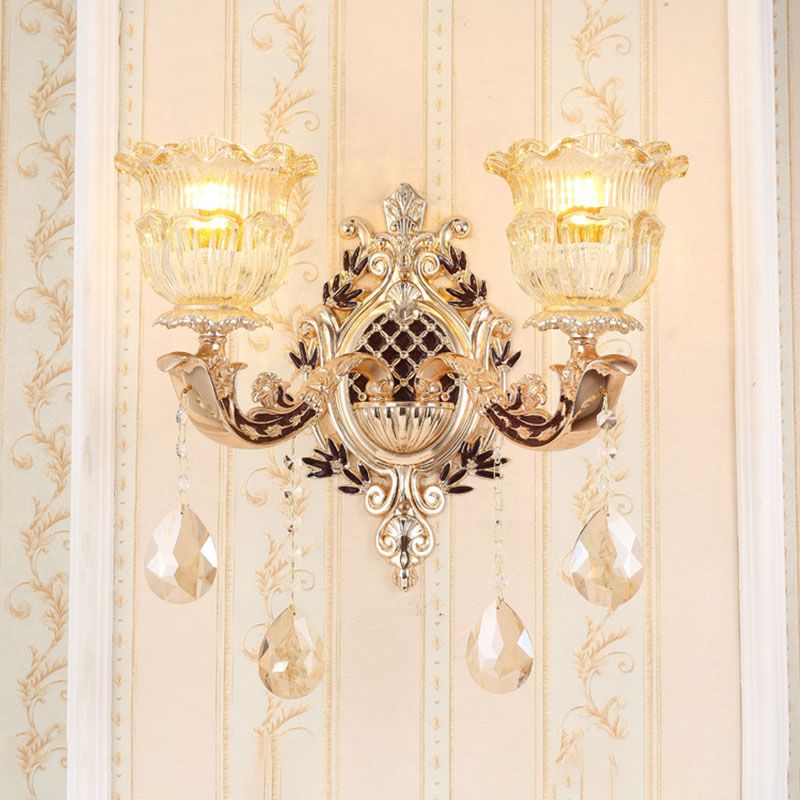 Curved Arm Metal Wall Light Fixture Modern Gold Wall Lighting Ideas with Geometry Glass Shade