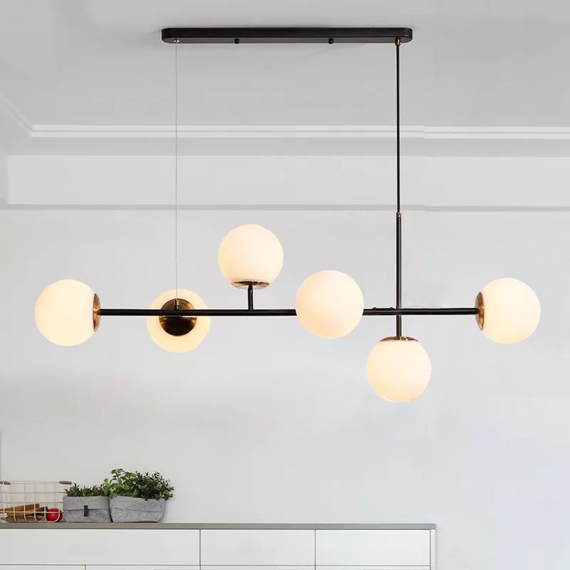 Industrial 6-Light Island Pendant with Amber/Milky White/Gradient Blue Glass Shade Brass Ball Ceiling Light with Adjustable Cord