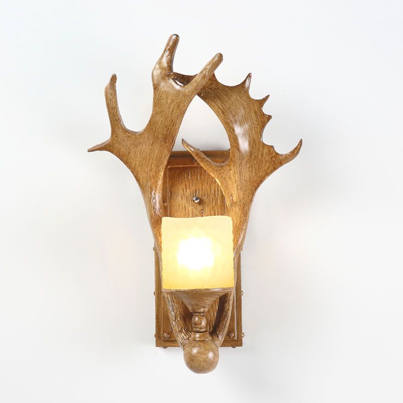 Antler Resin Wall Mount Light Retro 1-Light Study Room Wall Lighting with Frosted Glass Shade in Brown