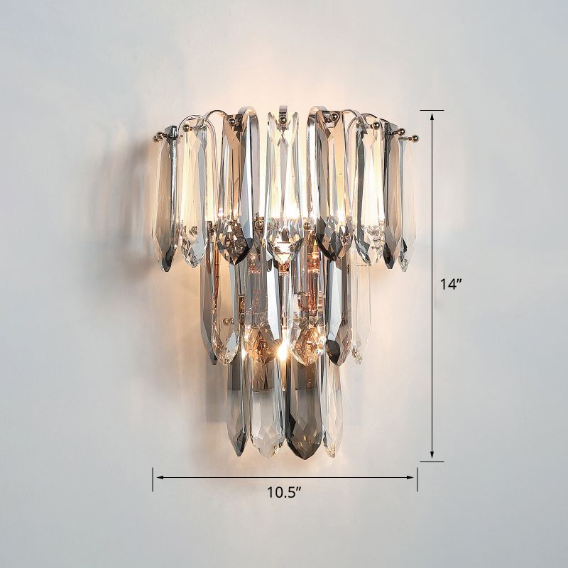 Clear and Smoke Crystal Tiers Sconce Light Simplicity 3-Head Wall Mount Light for Hallway