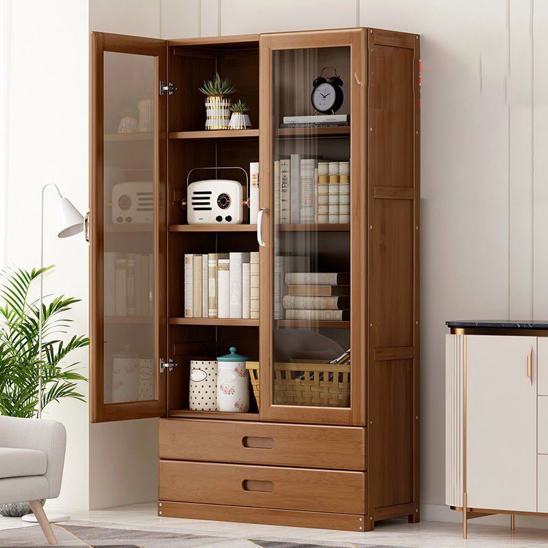 Manufactured Wood Standard Bookshelf Brown Vertical Bookcase with Door and Drawer
