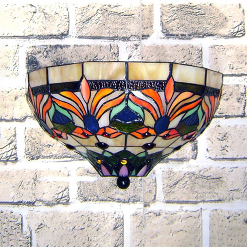 Stained Glass Bowl Wall Lamp with Flower Design 1 Bulb Tiffany Wall Sconce Light for Corridor