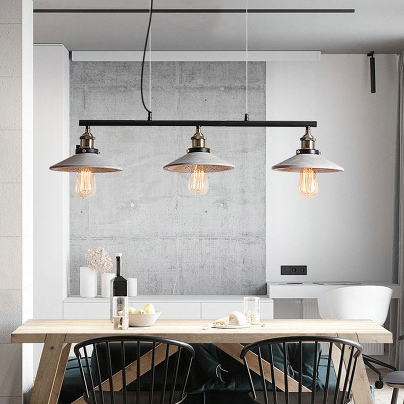 Vintage Saucer Island Hanging Light 3-Head Cement Ceiling Pendant Lamp in Grey over Table