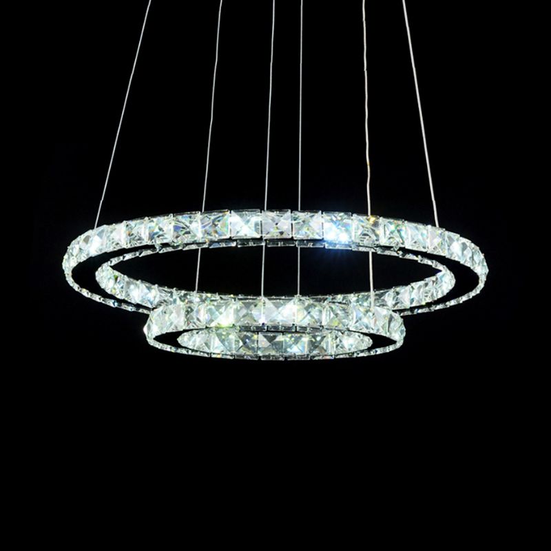 2/3 Tiers Crystal Encrusted Chandelier Stylish Simple Chrome Hoop LED Pendant Lighting in Warm/White Light