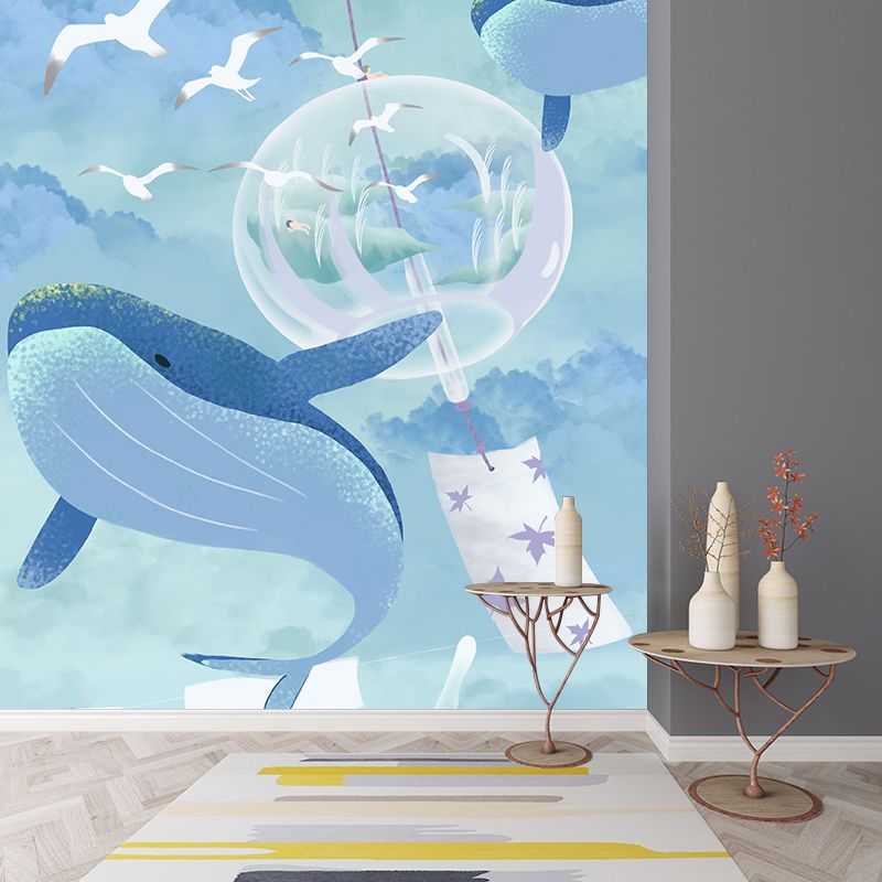 Blue Cartoon Wallpaper Mural Whole Whale and Gulls in Sky Pattern Wall Art for Bedroom