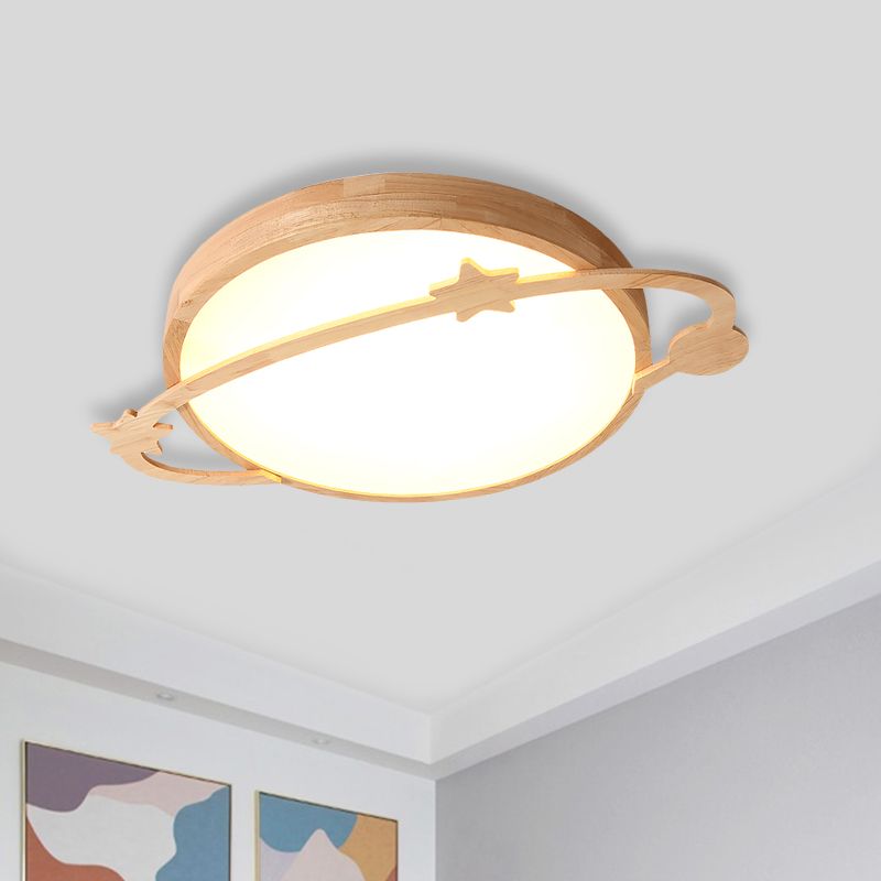 Kids Led Flushmount Light with Acrylic Shade Wood Planet Ceiling Fixture for Bedroom