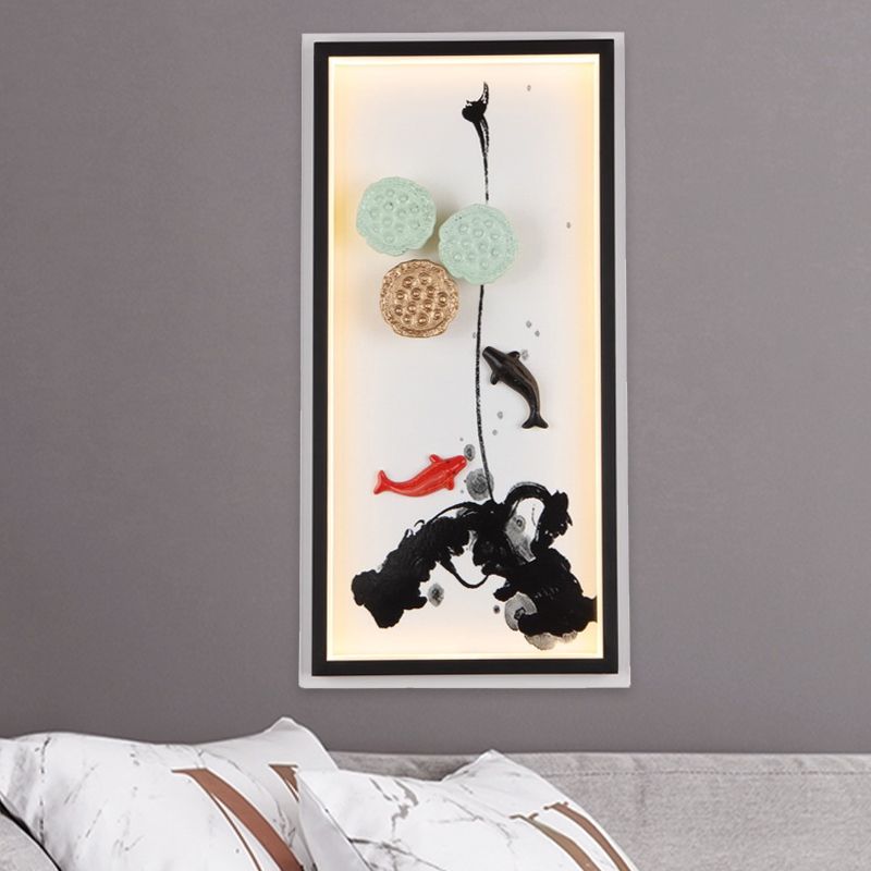 Asia Carp and Lotus Seed Metal Mural Lamp LED Wall Light Sconce in Black for Hotel