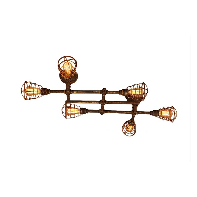 Industrial Intersecting Piping Ceiling Light 4/5/8 Heads Iron Semi Flush Mounted Light with Cage Guard in Brass