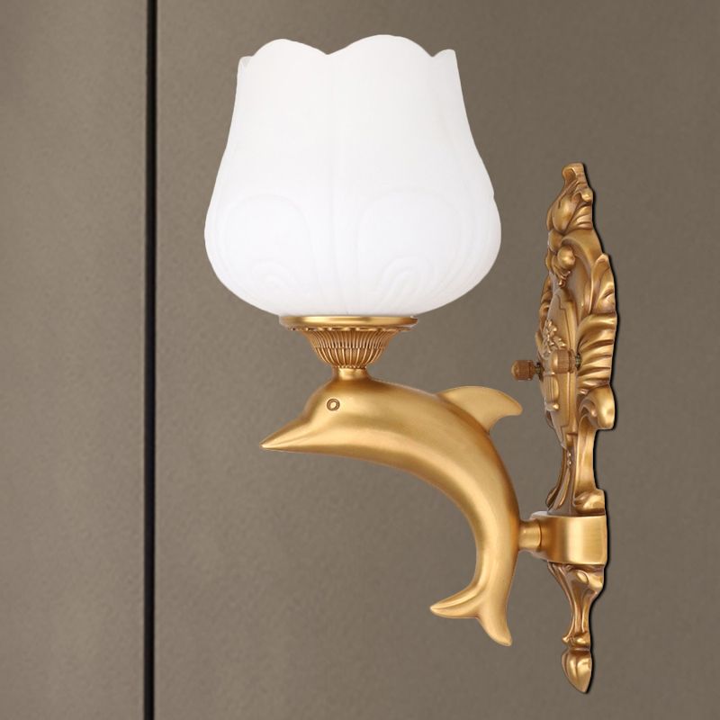 1 Bulb Petal Wall Lighting Fixture Vintage Style White Glass Wall Light with Golden Dolphin Deco