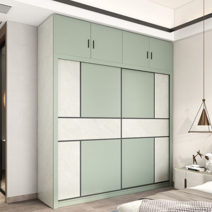 Green and White Bedroom Storage Cabinet Modern Sliding Door Cabinet with Drawers