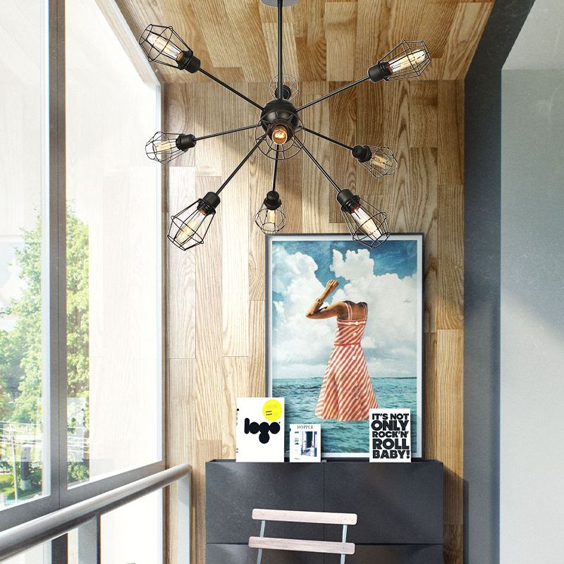 9/12/15 Lights Restaurant Chandelier Pendant Light Farmhouse Style Black Ceiling Lamp with Cage Metal Shade