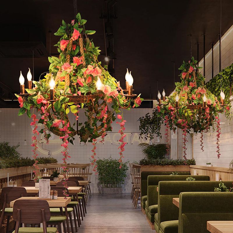 Candle Restaurant Rose Chandelier Light Industrial 6 Bulbs LED Rust Hanging Light Fixture