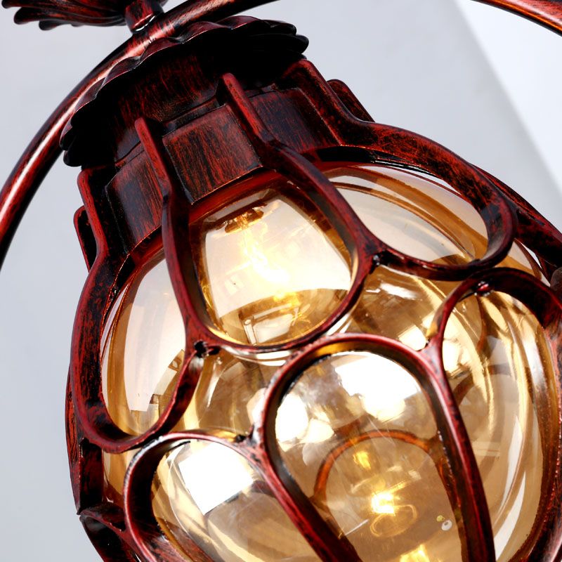 1 Light Suspension Lamp Rustic Globe Amber Glass Hanging Pendant Light in Copper with Iron Ring