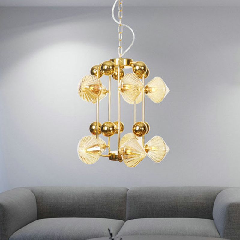 Tapered Hanging Chandelier Contemporary Amber Glass 10 Heads Living Room Ceiling Pendant Light