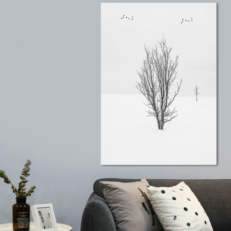Photography Minimalistic Canvas Wall Art with Bird and Tree Scenery, Light Color