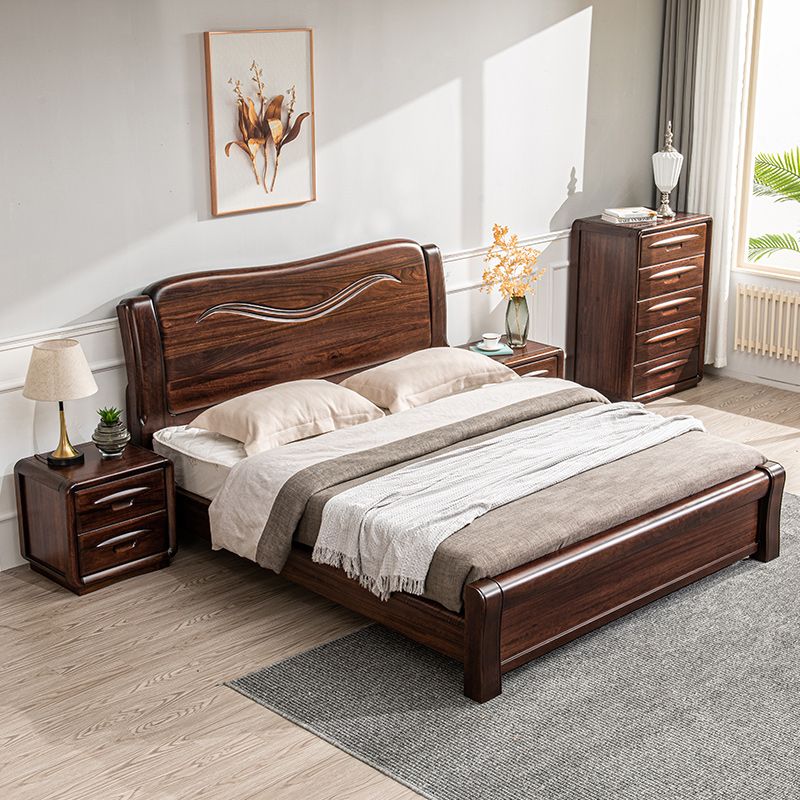 Solid Wood Walnut Standard Bed Lift Up Storage Bed Frame with Footboard