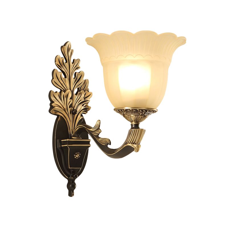 1/2-Light Wall Sconce Traditional Blossom Frosted Glass Sconce Light with Curvy Arm in Black for Hallway