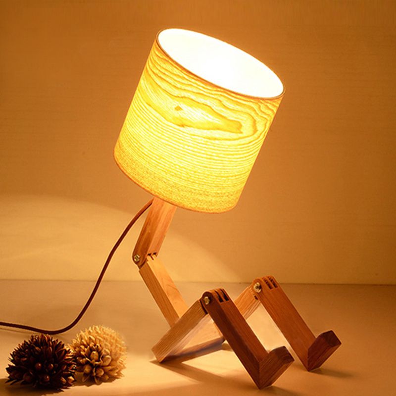Man-Shaped Table Lamp Novelty Modern Wood Single Beige/Black/White Night Light with Book Rack Design and Cylinder Fabric Shade