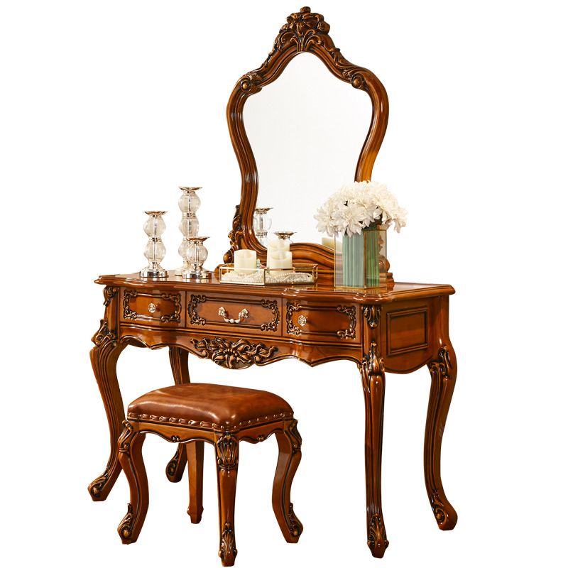 17.71" Wide Brown Vanity Set with Mirror Wood Vanity Tables with 3 Storage Drawers