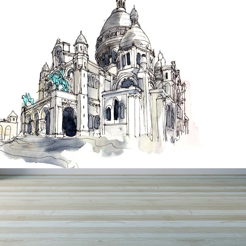 Architecture Landmark Drawing Mural Global Inspired Smooth Wall Art in Soft Color