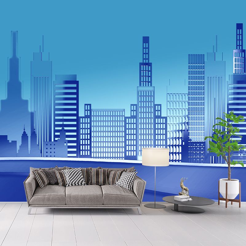Modern City Building Illustration Wall Mural for Living Room, Custom Size Available