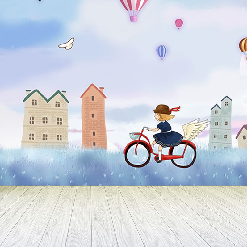 Waterproof Girls Bike Ride Mural Decal Kids Style Non-Woven Fabric Wall Decor, Customized
