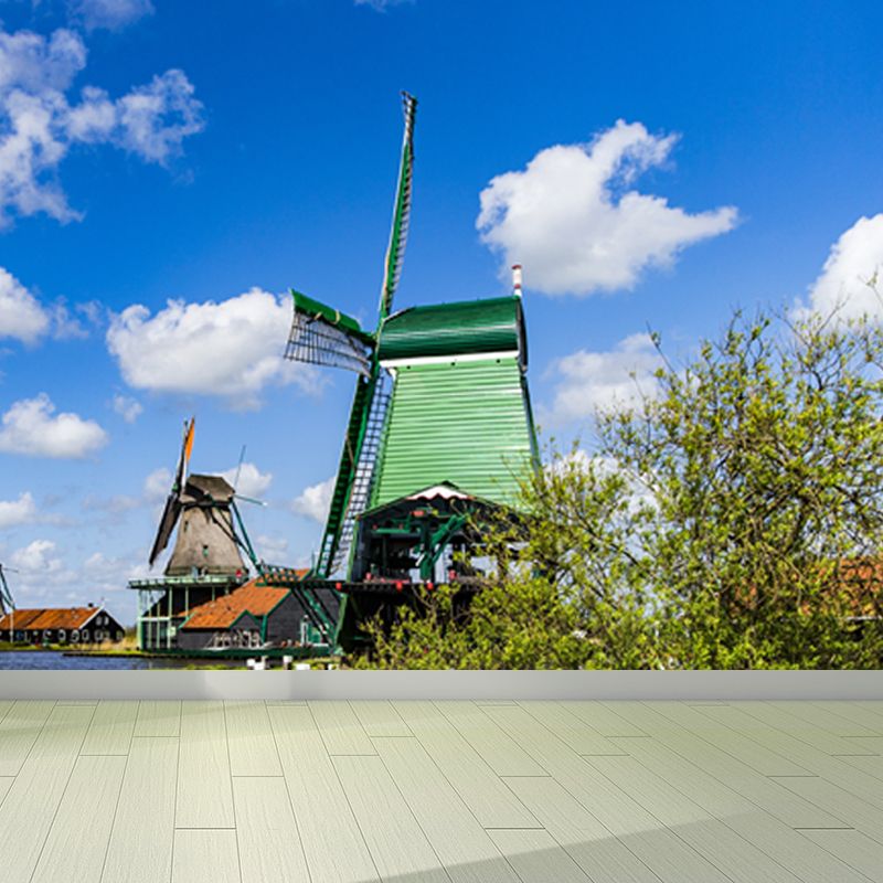 Huge Windmill and Sky Mural for Bedroom Nature Scene Wall Art in Pastel Color, Stain Resistant