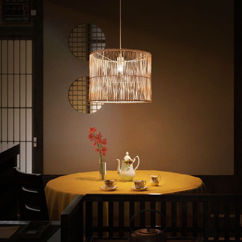 Rattan Drum Shaded Ceiling Light Modern Single Hanging Pendant Light for Restaurant