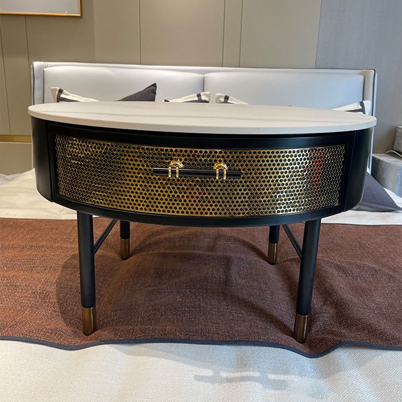 17"H Glam Cocktail Table Storage Round 4 Legs Stone Coffee Table