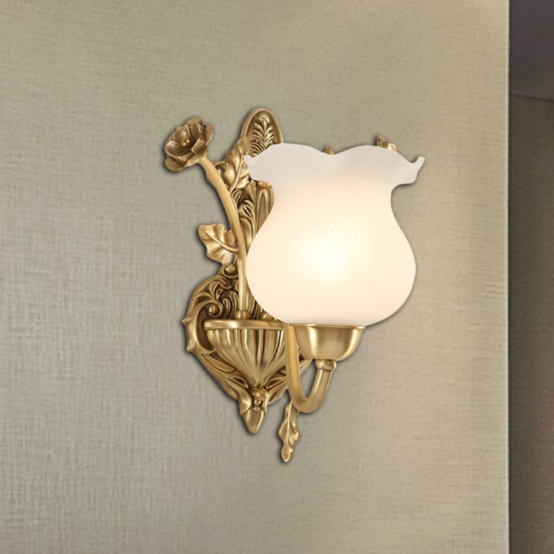 1/2 Bulbs Living Room Sconce Lamp Colonialist Brass Wall Lighting Fixture with Flower Opal Glass Shade