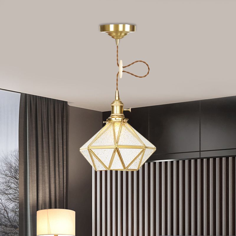 1 Head Pendant Light Traditional Bedside Suspension Lamp with Diamond Clear Water Glass Shade in Gold