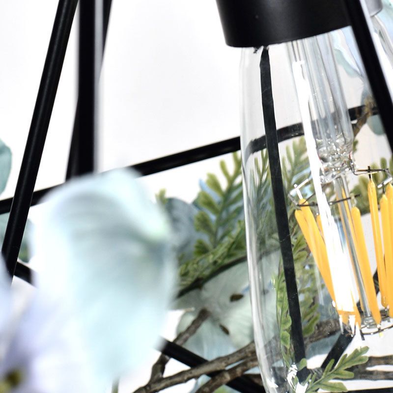 Blue-White Diamond Hanging Light Rustic Metallic 1 Bulb Restaurant Pendant Light Fixture with Artificial Flower