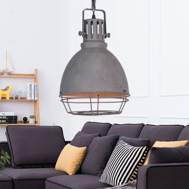 Wrought Iron Bell/Dome Shade Pendant Lighting Industrial 1 Light Living Room Hanging Lamp with Wire Guard in Grey
