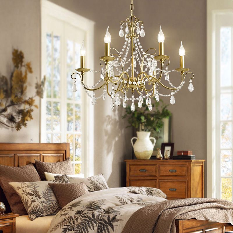 American Rustic Style Chandelier Light with Clear Crystal Drops Multi-lights Vintage Dining Room Lighting Fixture
