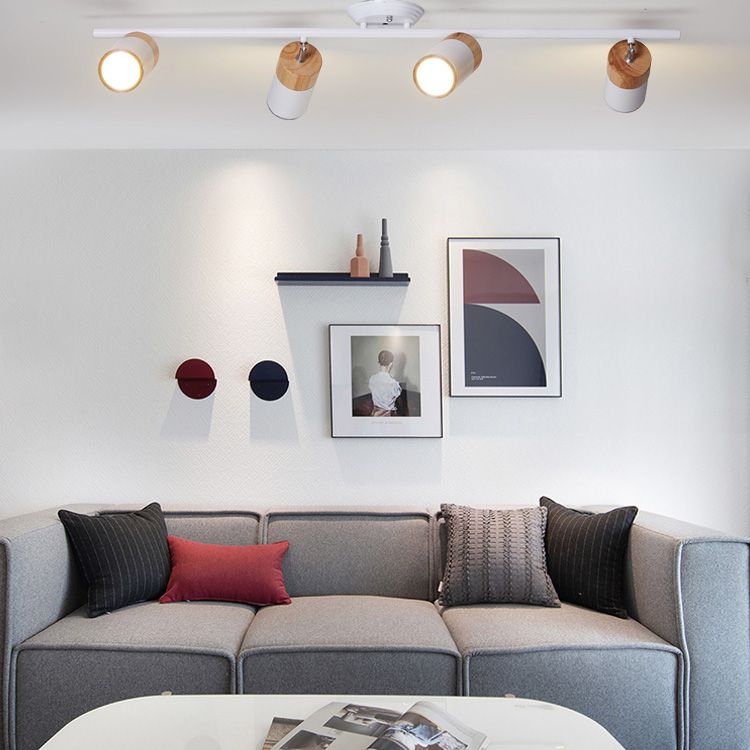 Nordic Cylindrical Metal and Wooden Cylindrical Track Spotlights Flush Mount Ceiling Light Fixtures for Foyer and Shop