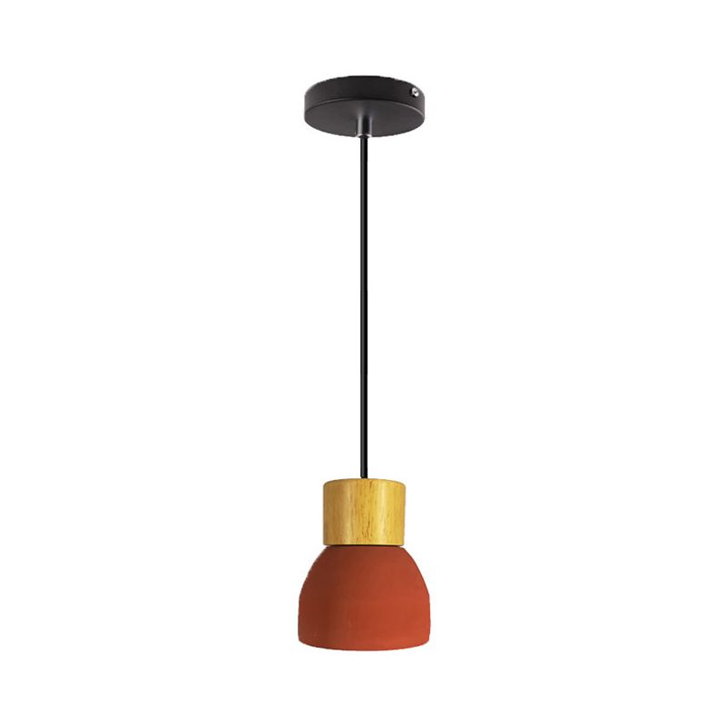 Cone/Bowl Cement Hanging Light Fixture Macaron Single-Bulb Green/Red Pendant Lamp with Wood Top