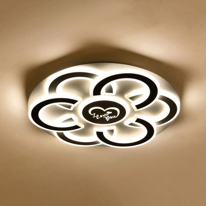 Plafonnier LED floral noir et blanc, luminaire métallique contemporain proche du plafond avec diffuseur