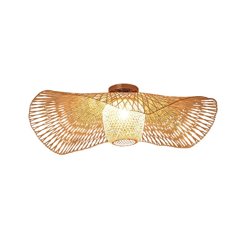 Modern Stylish Floppy Hat Flush Mount Bamboo Weaving 1-Light 25.5"/29.5" Wide Clothing Store Ceiling Light Fixture in Wood