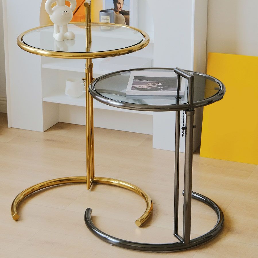 Modern Round Glass Top End Table 26.4" Tall Stainless Steel C Side Table