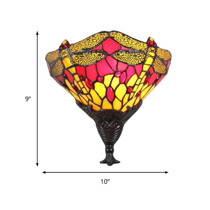 Multicolored Dragonfly Wall Lighting Lodge Stained Glass 1 Light Sconce Lamp for Bedroom