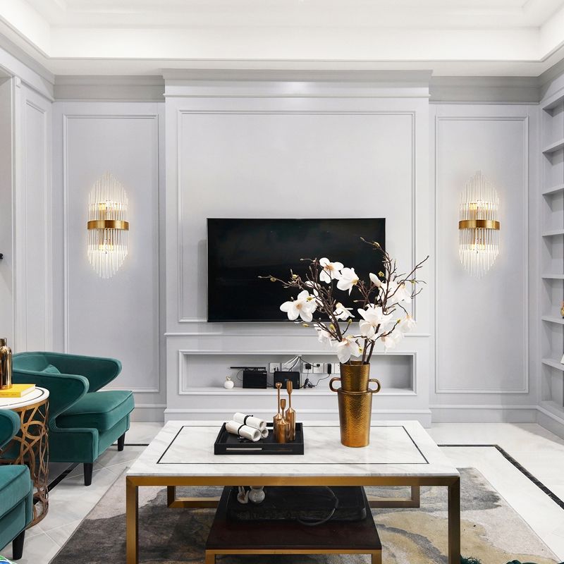 Crystal Rod Shield Wall Mount Light Postmodern 2/3 Heads Gold Sconce Light Fixture for Living Room